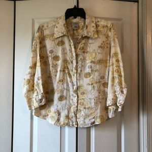 LL Bean Linen Shirt Floral Print Yellow  M